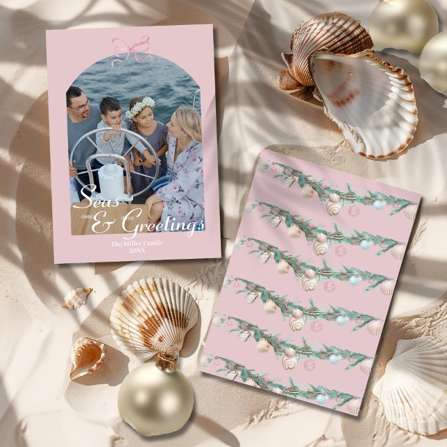 Cartes Pour Fêtes Annuelles Photos de Seas et salutations Dusty Pink Bow Arch (Seas & Greetings Dusty Pink Bow Arch Photo Holiday Card)