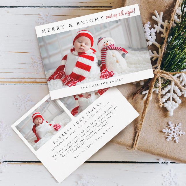 Cartes Pour Fêtes Annuelles Photos de statistiques de naissance modernes joyeu (Modern Merry & Bright And Up All Night Birth Stats Photos Holiday Card)
