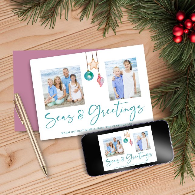 Cartes Pour Fêtes Annuelles Photos de vacances en mer et salutations en coquil (Seas and Greetings Pink Shell Holiday Photo Card)