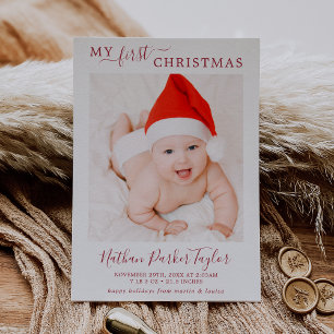 Cartes Pour Fêtes Annuelles Photos minimalistes Red First Christmas Baby Birth