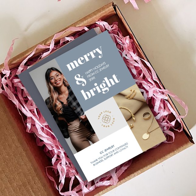 Cartes Pour Fêtes Annuelles Photos personnalisées Joyeux logo de petite entrep (custom Photos Merry Bright Small Business Logo Holiday Card)