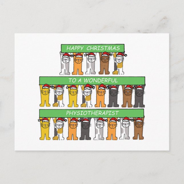 Cartes Pour Fêtes Annuelles Physiothérapeute joyeux chat caricature de Noël (Devant)