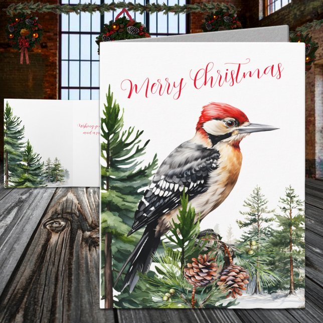 Cartes Pour Fêtes Annuelles Pic De Bois D'Hiver Dans Une Forêt De Pins (Winter Woodland Woodpecker In A Pine Tree Forest Holiday Card)