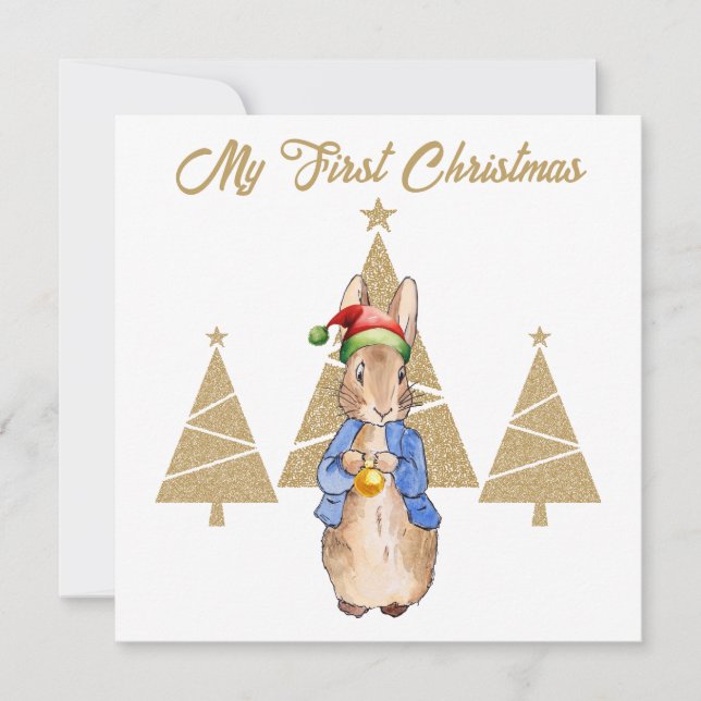 Cartes Pour Fêtes Annuelles Pierre le lapin Santa Hat Premier arbre de Noël (Devant)