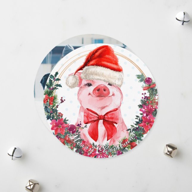 Cartes Pour Fêtes Annuelles Pig de Noël Cute Piglet Bow Wreath Pois (Devant/Arrière en situation)