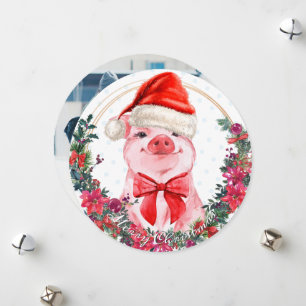 Cartes Pour Fêtes Annuelles Pig de Noël Cute Piglet Bow Wreath Pois