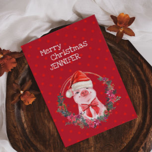 Cartes Pour Fêtes Annuelles Pig de Noël Cute Piglet Bow Wreath Pois