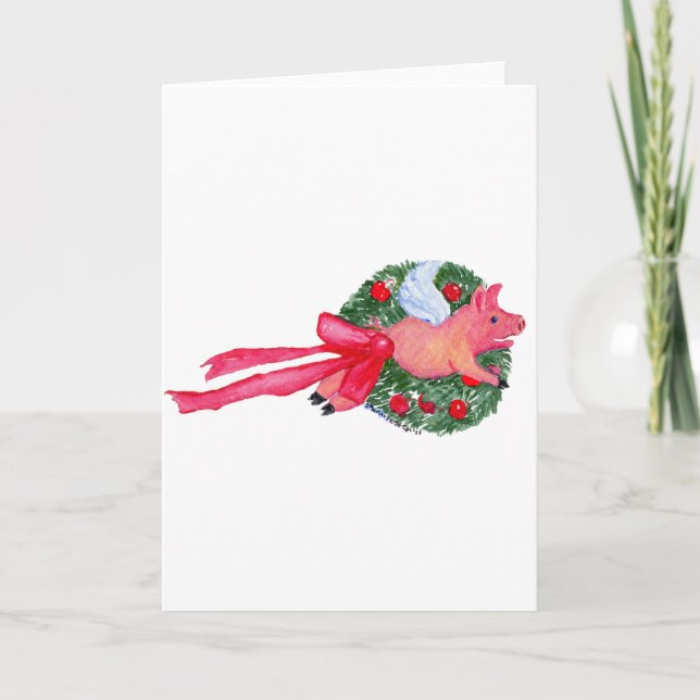 Cartes Pour Fêtes Annuelles Pig volant traînant la couronne de Noël (Devant)