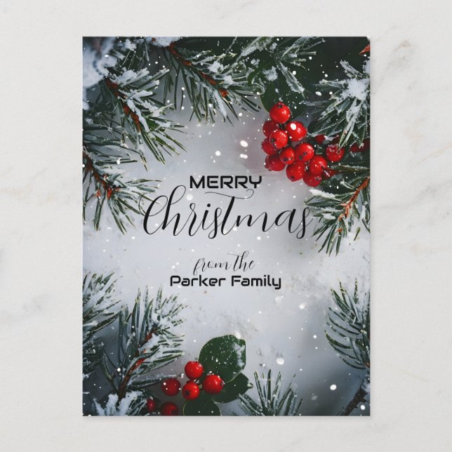 Cartes Pour Fêtes Annuelles Pin Couvert De Neige, Baies Saintes, Sans Photo (Devant)