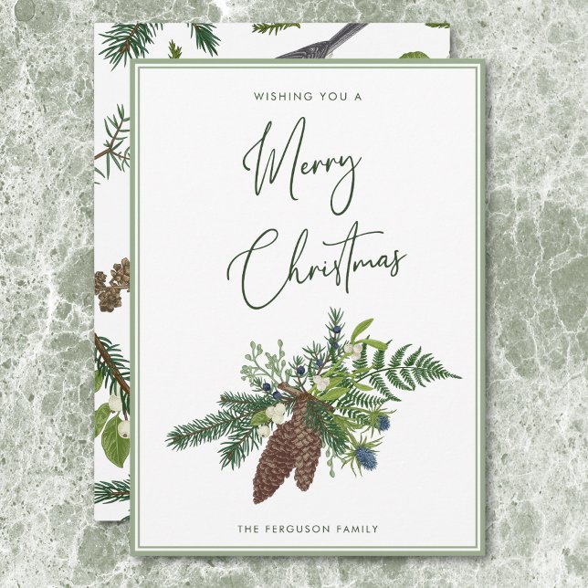 Cartes Pour Fêtes Annuelles Pin d'hiver rustique et baies Spray Noël (Rustic Winter Pine & Berries Spray Christmas Holiday Card)