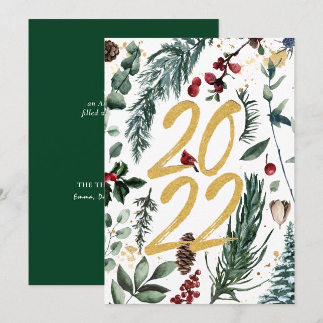 Cartes Pour Fêtes Annuelles Pin d'or 2022 festive Magnolia Noël (Devant / Derrière)