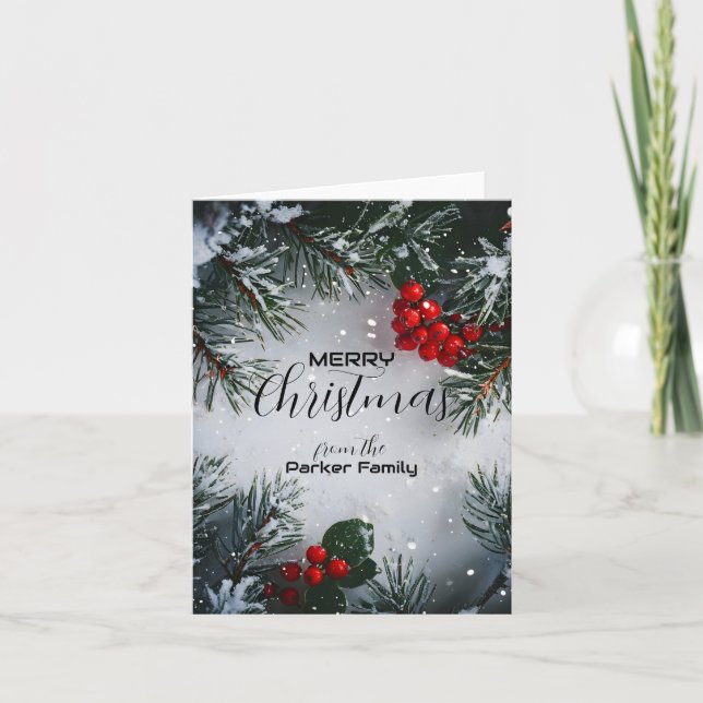 Cartes Pour Fêtes Annuelles Pin enneigé, Baies de houx, Non Photographique (Devant)