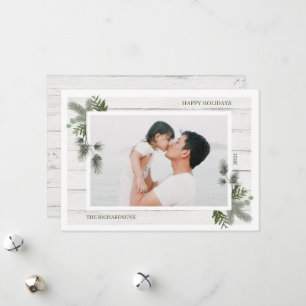 Cartes Pour Fêtes Annuelles Pin festif & Bois blanc rustique Shiplap Photo