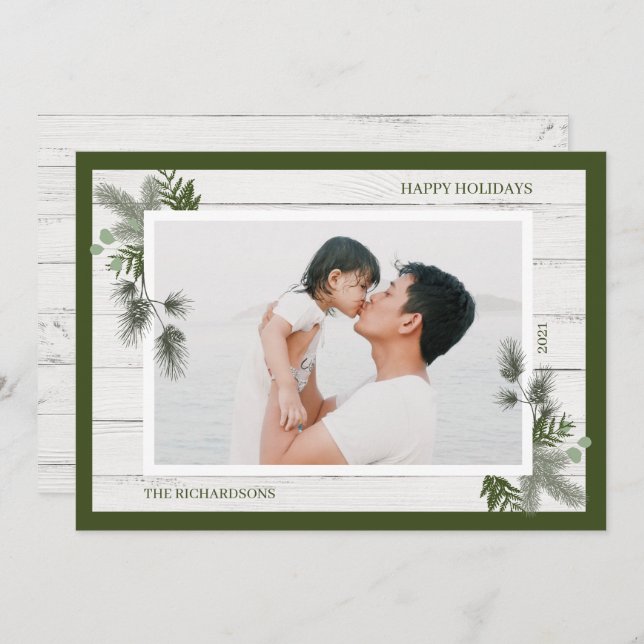 Cartes Pour Fêtes Annuelles Pin festif & Bois blanc rustique Shiplap Photo (Devant / Derrière)