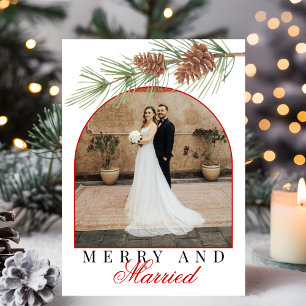 Cartes Pour Fêtes Annuelles Pin Rouge Écarlate Joyeux & Marié Photo Noël