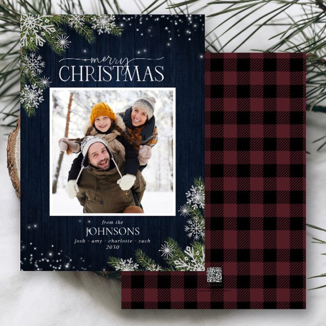 Cartes Pour Fêtes Annuelles Pin rustique Snowflakes Joyeux Photo famille (Créateur téléchargé)