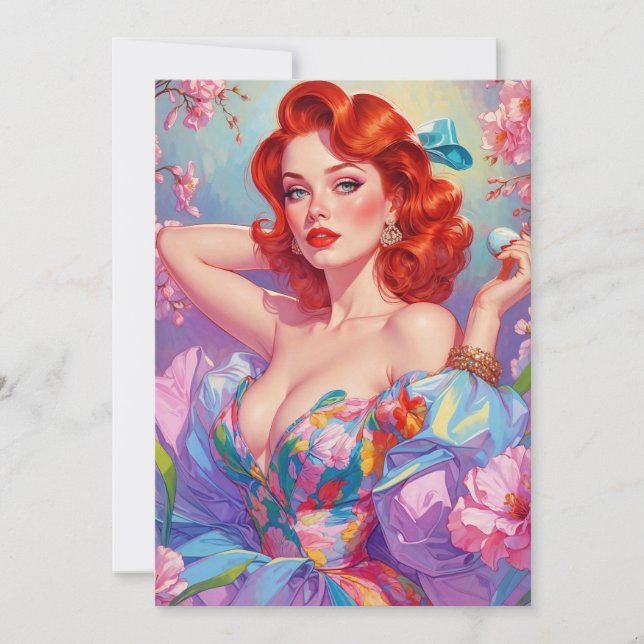 Cartes Pour Fêtes Annuelles Pin-Up Roux avec Œuf de Pâques Fleurs Roses (Devant)
