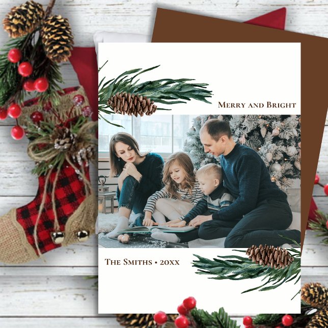 Cartes Pour Fêtes Annuelles Pin vert rustique Bouton de cône Aquarelle Florale (Créateur téléchargé)