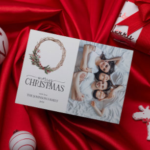 Cartes Pour Fêtes Annuelles Pine Berry Wreath Joyeux Noël Script Photo Hol