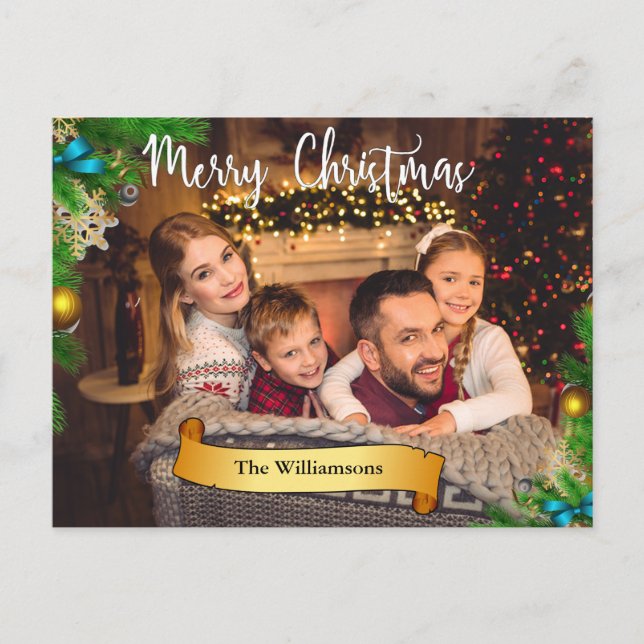 Cartes Pour Fêtes Annuelles Pine Bough Frame blanc Joyeux Noël Photo (Devant)