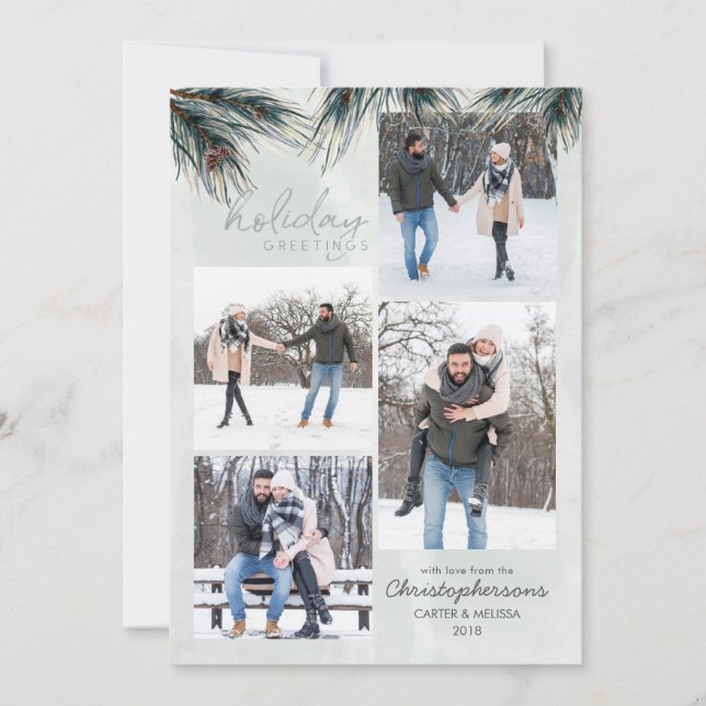 Cartes Pour Fêtes Annuelles Pine Boughs Aquarelle VACANCES 4 Photos (Devant)