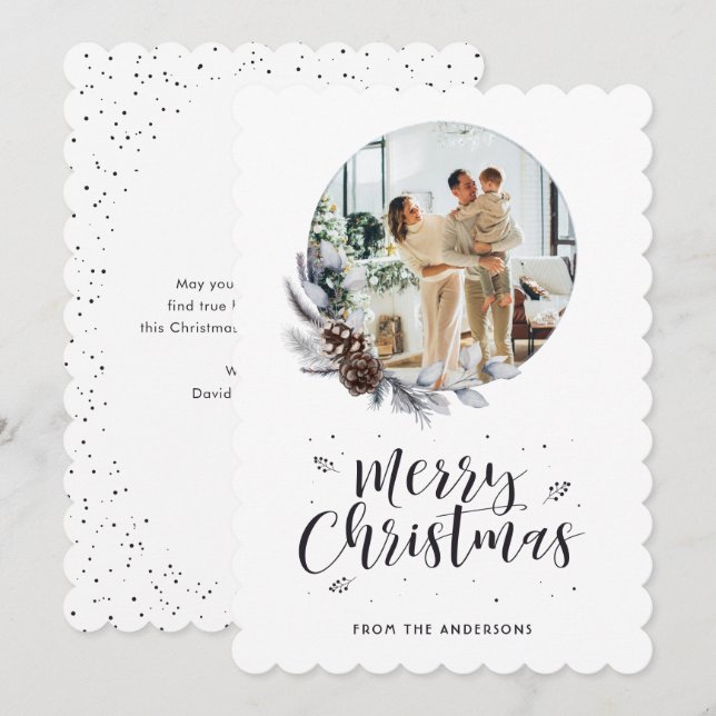 Cartes Pour Fêtes Annuelles Pine Cones Wreath Botanique Photo Joyeux Noël (Devant / Derrière)