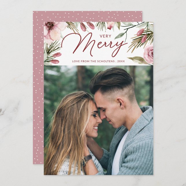 Cartes Pour Fêtes Annuelles Pine d'aquarelle très joyeuse et photo florale (Devant / Derrière)