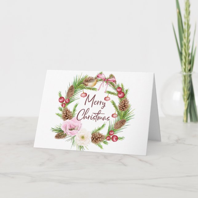 Cartes Pour Fêtes Annuelles Pine de Noël Berries verdure Wreath Folli (Devant)