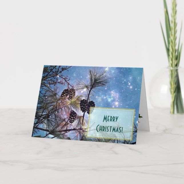 Cartes Pour Fêtes Annuelles Pine de Noël cônes sous un ciel étoilé (Devant)