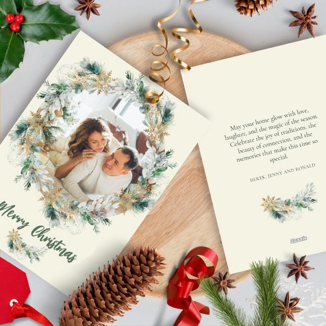 Cartes Pour Fêtes Annuelles Pine Feuille Wreath Aquarelle Flocon de neige Noël (Créateur téléchargé)