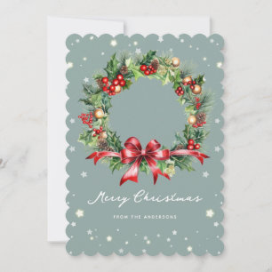 Cartes Pour Fêtes Annuelles Pine Holly Red Berries Wreath Family Photo