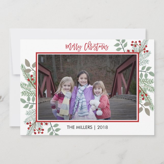 Cartes Pour Fêtes Annuelles Pine & Holly Rustic Rouge En vichy photo de Noël (Devant)