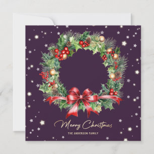 Cartes Pour Fêtes Annuelles Pine Holly Wreath Purple Photo Joyeux Noël