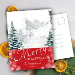 Cartes Pour Fêtes Annuelles Pine rouge moderne Snowflakes Bokeh Chic Script<br><div class="desc">Carte postale moderne Red Pine Tree Snowflakes Bokeh Chic Script Minimalist Holiday. Souhaitez-vous à tous un Joyeux Noël et Bonne Année!</div>