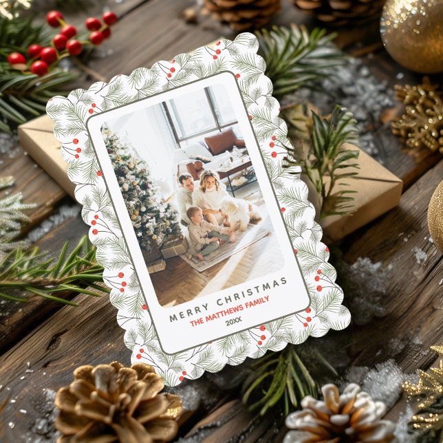 Cartes Pour Fêtes Annuelles Pine Sprigs and Berries Custom Photo Christmas  (Créateur téléchargé)
