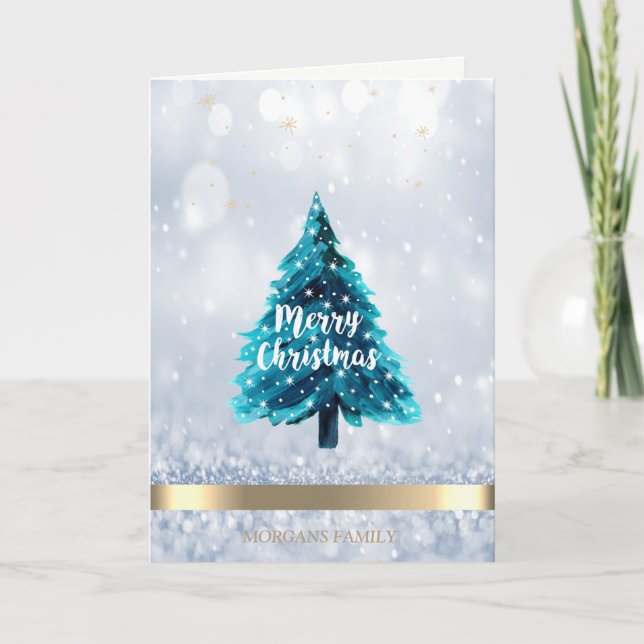 Cartes Pour Fêtes Annuelles Pine Tree Gold, Parties scintillant Bokeh Christma (Devant)