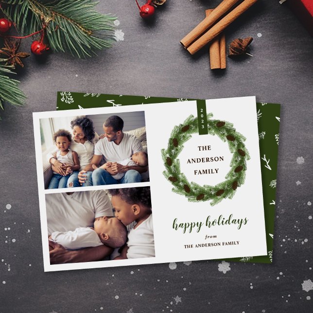 Cartes Pour Fêtes Annuelles Pine Wreath Happy Holidays 2 Photo (Créateur téléchargé)