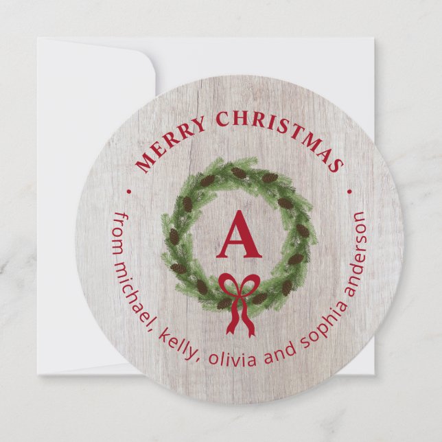 Cartes Pour Fêtes Annuelles Pine Wreath Joyeux Noël Round Photo (Devant)