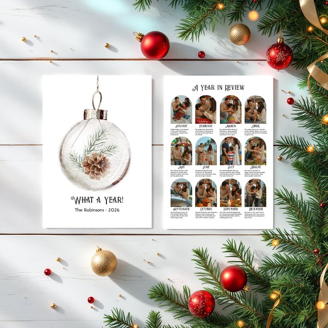 Cartes Pour Fêtes Annuelles Pinecone d'aquarelle neutre année en révision vaca (Neutral Watercolor Pinecone Year in Review Holiday Card)