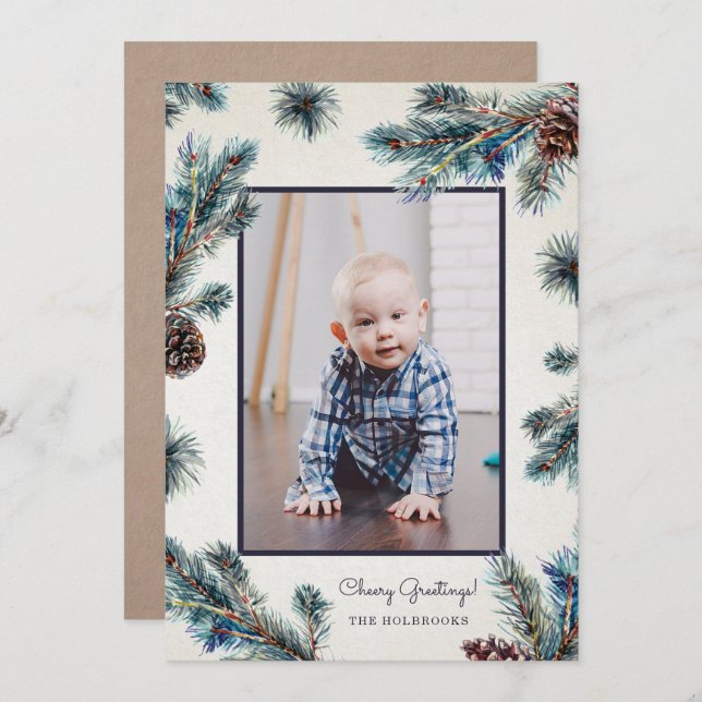 Cartes Pour Fêtes Annuelles Pinecones Rustiques à l'aquarelle de Conifer (Devant / Derrière)