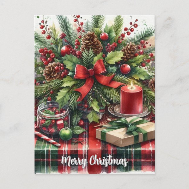 Cartes Pour Fêtes Annuelles Pinecones vertes de Noël et Bow rouge (Devant)