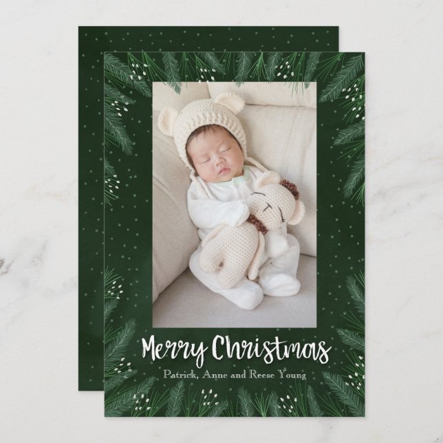Cartes Pour Fêtes Annuelles Pines Noël Photo de Naissance Annonces (Devant / Derrière)