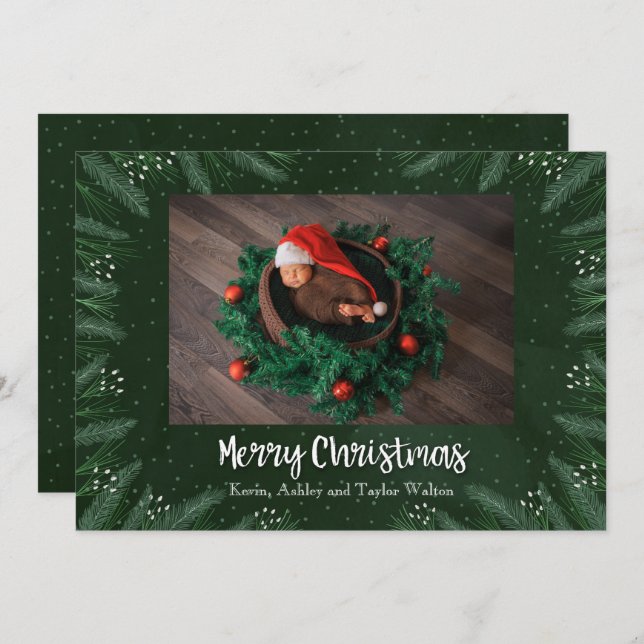 Cartes Pour Fêtes Annuelles Pines Noël Photo de Naissance Annonces (Devant / Derrière)