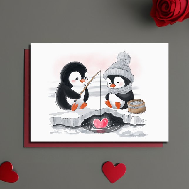 Cartes Pour Fêtes Annuelles Pingouin adorable Saint-Valentin / Proposition Pêc (Cute ice fishing penguin couple Valentine card with adorable watercolor painting.)