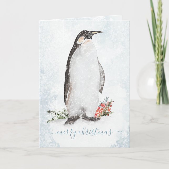 Cartes Pour Fêtes Annuelles Pingouin arctique Blustering Scene d'hiver Snowfla (Devant)