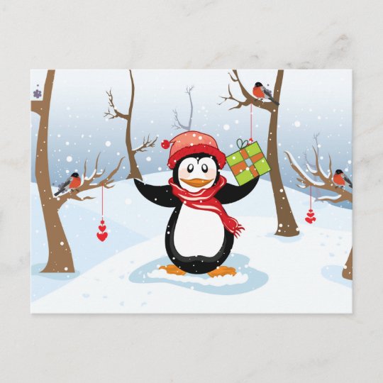 Cartes Pour Fetes Annuelles Pingouin Avec Le Paysage D Hiver De Cadeau De Noel Zazzle Fr