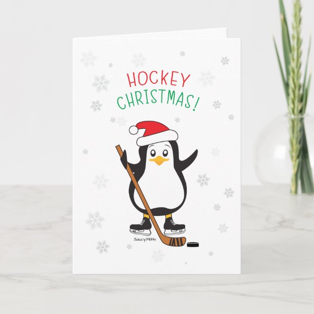 Cartes Pour Fêtes Annuelles Pingouin de Noël de hockey (Devant)
