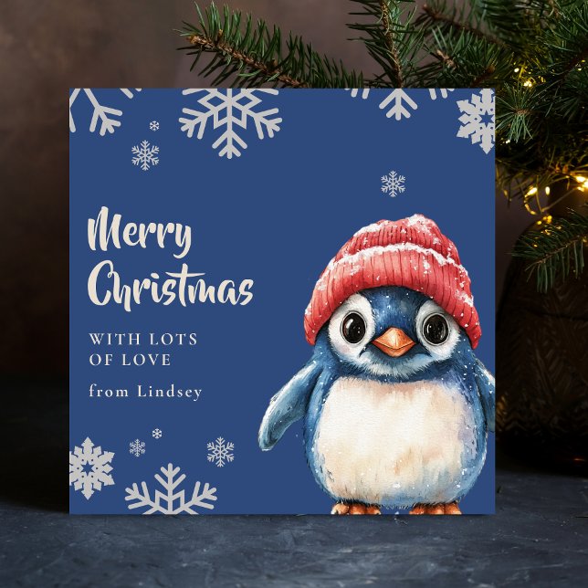 Cartes Pour Fêtes Annuelles Pingouin de Noël mignon avec Casquette (Cute Christmas Penguin with Hat Holiday Card)