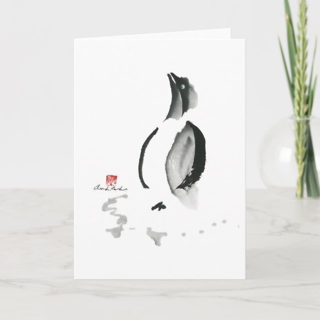 Cartes Pour Fêtes Annuelles Pingouin de Noël, Sumi-e (Devant)