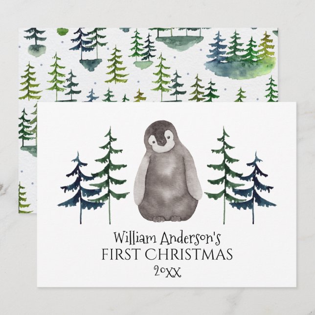 Cartes Pour Fêtes Annuelles Pingouin et arbre de Noël personnalisés  (Devant / Derrière)